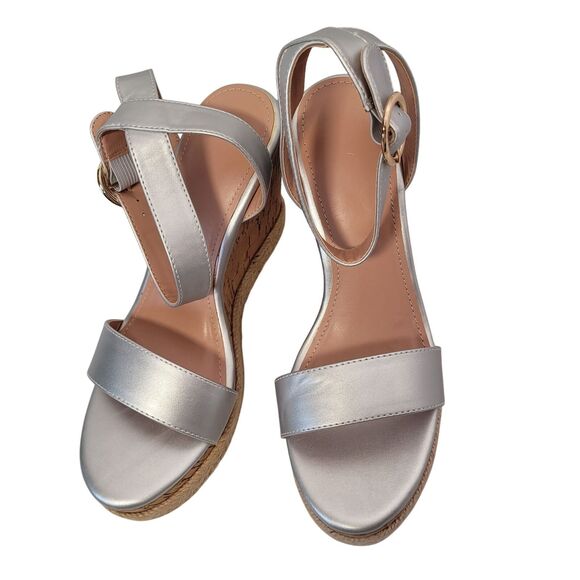 ZBY Cork Wedge Espadrille Sandals Silver Ankle Strap Size 7 New - Picture 2 of 11